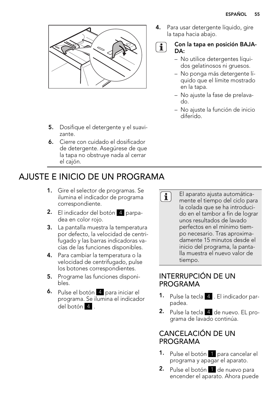 Ajuste e inicio de un programa, Interrupción de un programa, Cancelación de un programa | AEG L85275XFL User Manual | Page 55 / 76