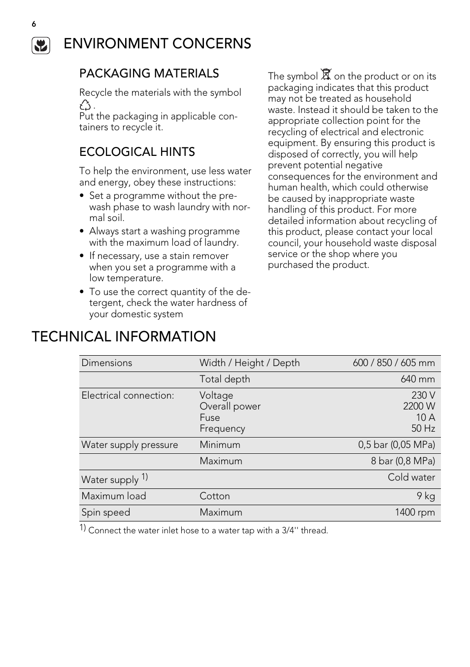 Environment concerns, Technical information, Packaging materials | Ecological hints | AEG L85275XFL User Manual | Page 6 / 76
