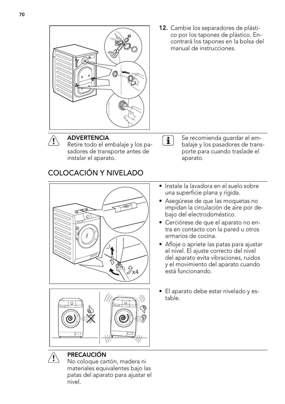 Colocación y nivelado | AEG L85275XFL User Manual | Page 70 / 76