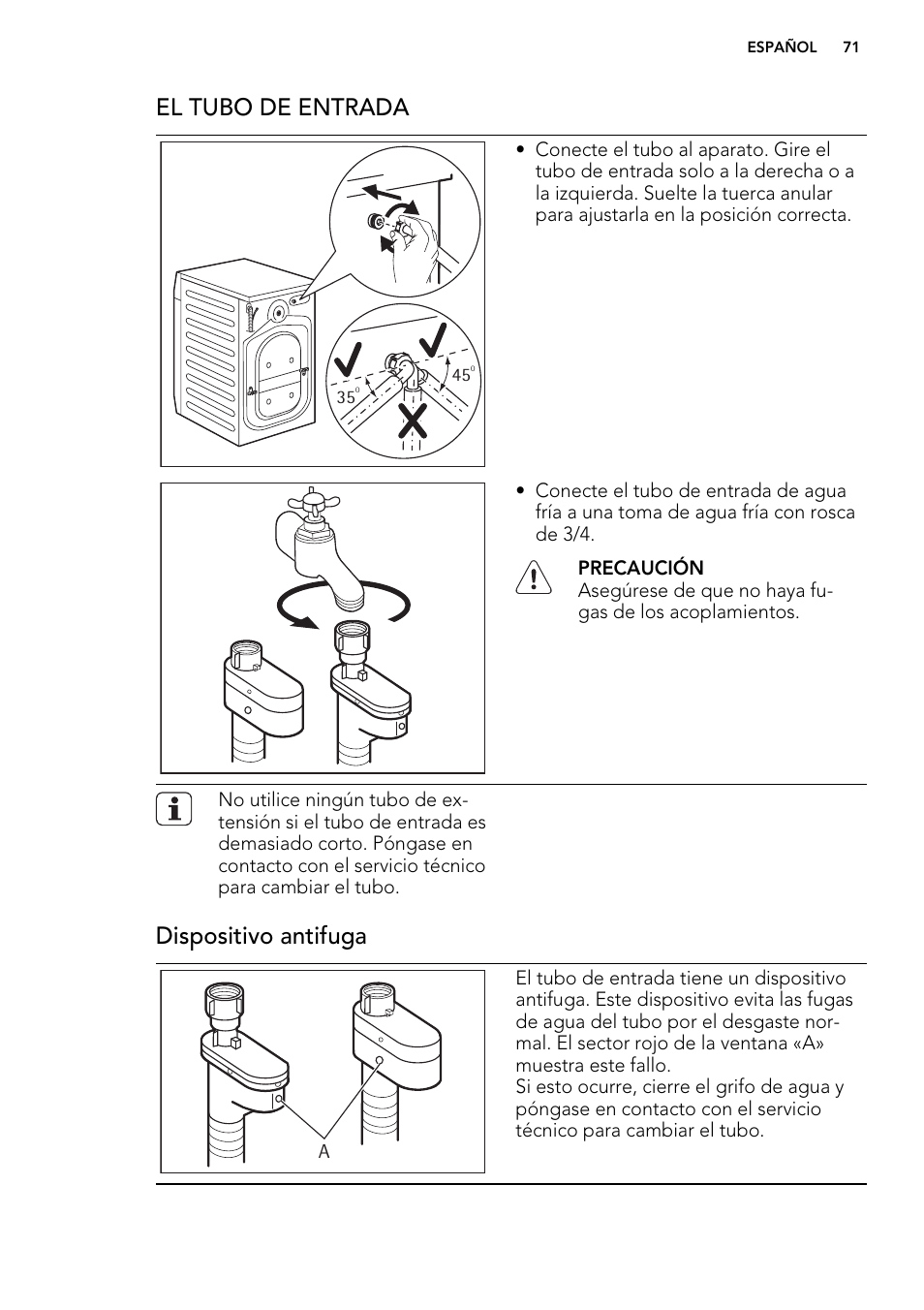 El tubo de entrada, Dispositivo antifuga | AEG L85275XFL User Manual | Page 71 / 76