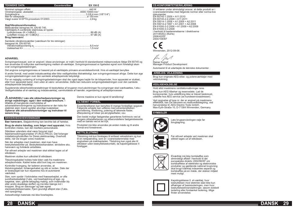 Dansk | AEG EX 150 E User Manual | Page 15 / 37
