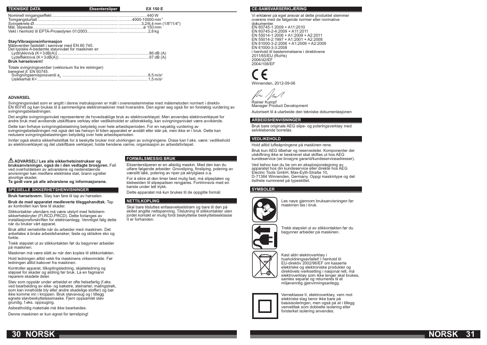 Norsk | AEG EX 150 E User Manual | Page 16 / 37