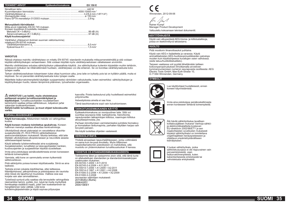 Suomi | AEG EX 150 E User Manual | Page 18 / 37