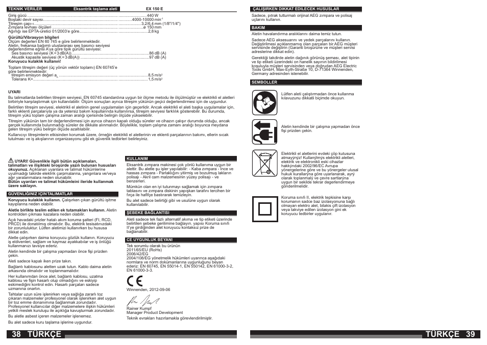 Türkçe | AEG EX 150 E User Manual | Page 20 / 37