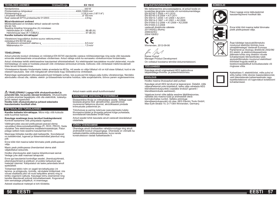 Eesti | AEG EX 150 E User Manual | Page 29 / 37