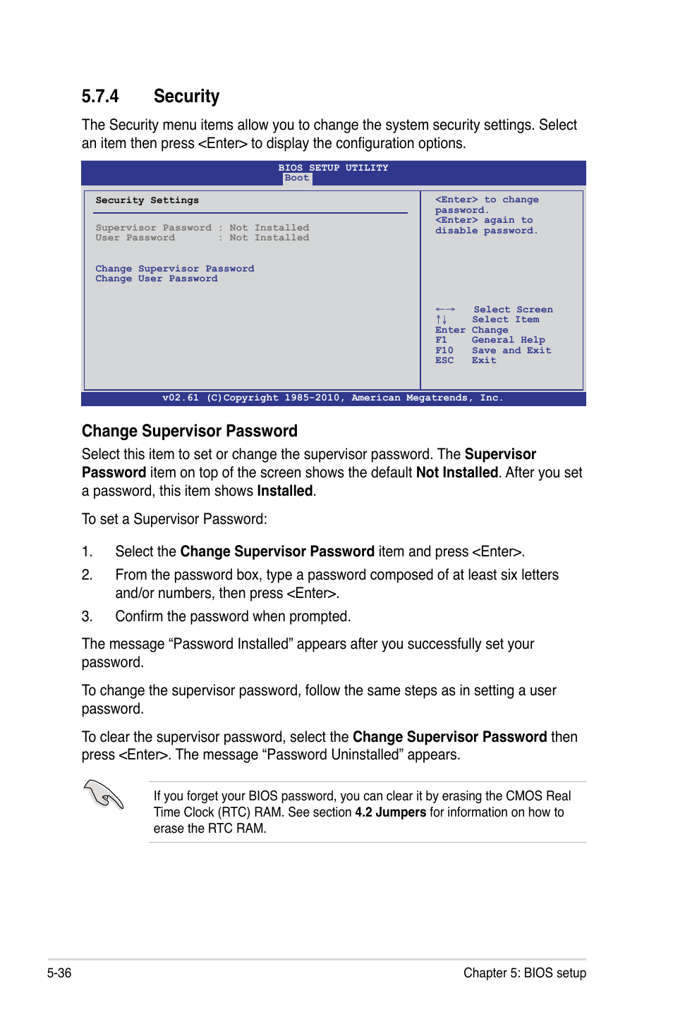 4 security, Security -36, Change supervisor password | Asus RS500A-E6/PS4 User Manual | Page 100 / 116