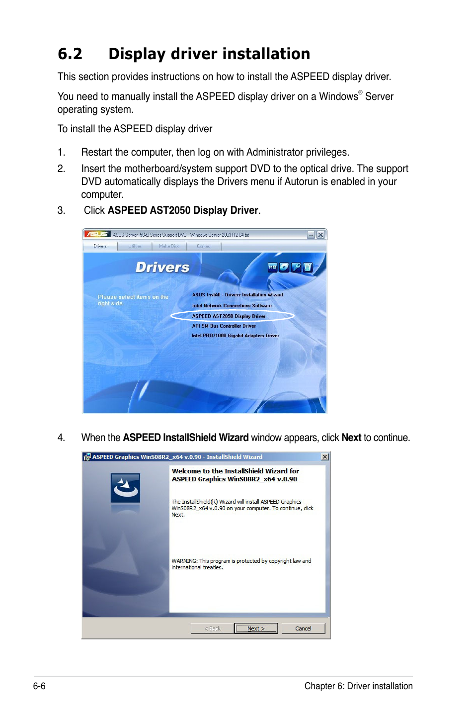 2 display driver installation, Display driver installation -6 | Asus RS500A-E6/PS4 User Manual | Page 110 / 116