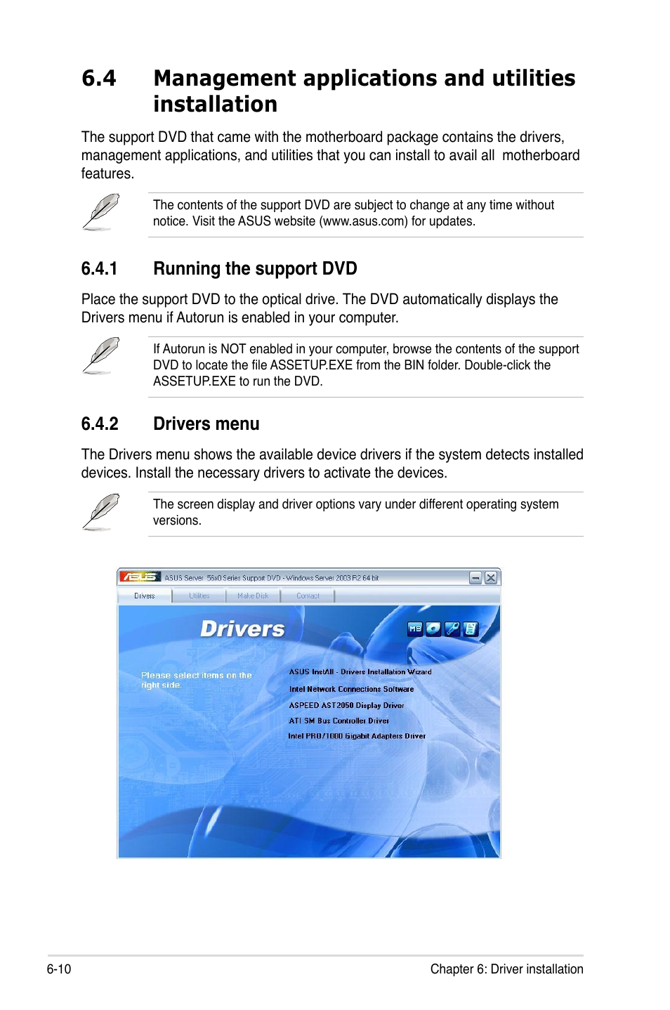 1 running the support dvd, 2 drivers menu, Running the support dvd -10 | Drivers menu -10 | Asus RS500A-E6/PS4 User Manual | Page 114 / 116