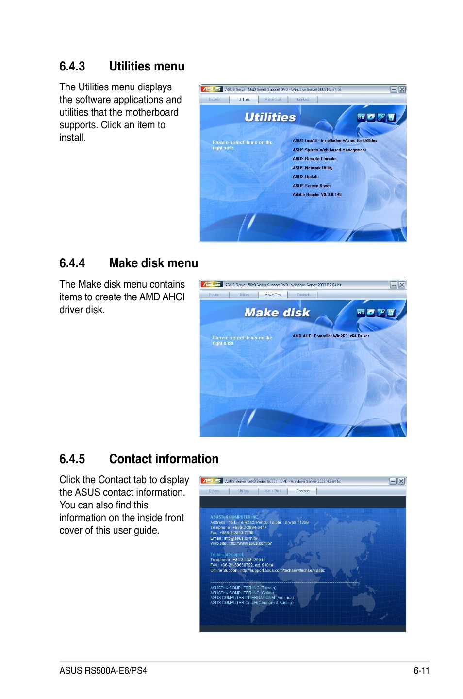 3 utilities menu, 4 make disk menu, 5 contact information | Utilities menu -11, Make disk menu -11, Contact information -11 | Asus RS500A-E6/PS4 User Manual | Page 115 / 116