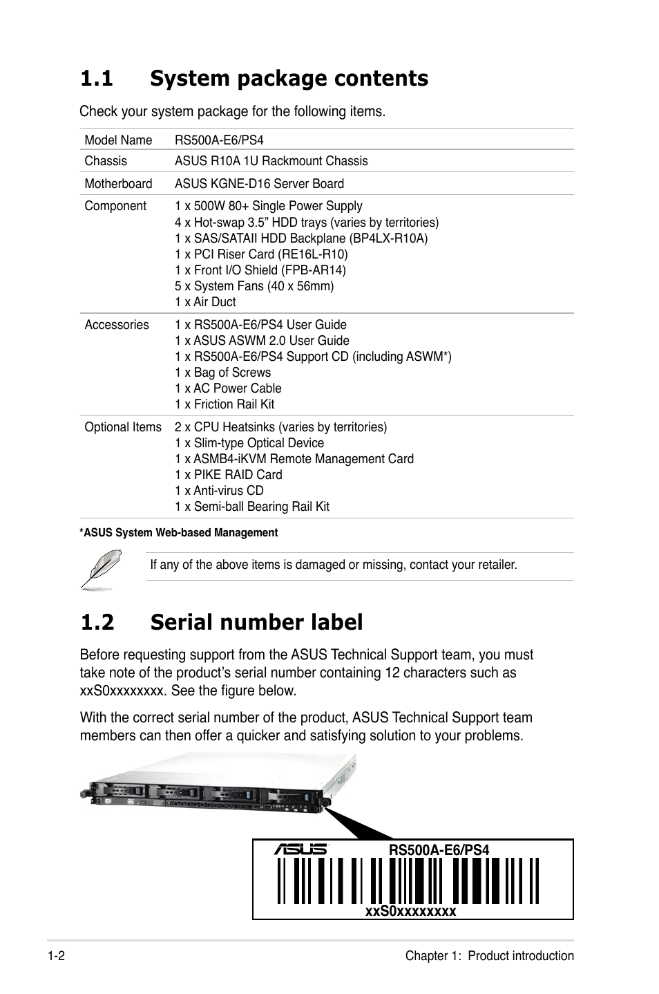 1 system package contents, 2 serial number label, System package contents -2 | Serial number label -2 | Asus RS500A-E6/PS4 User Manual | Page 12 / 116