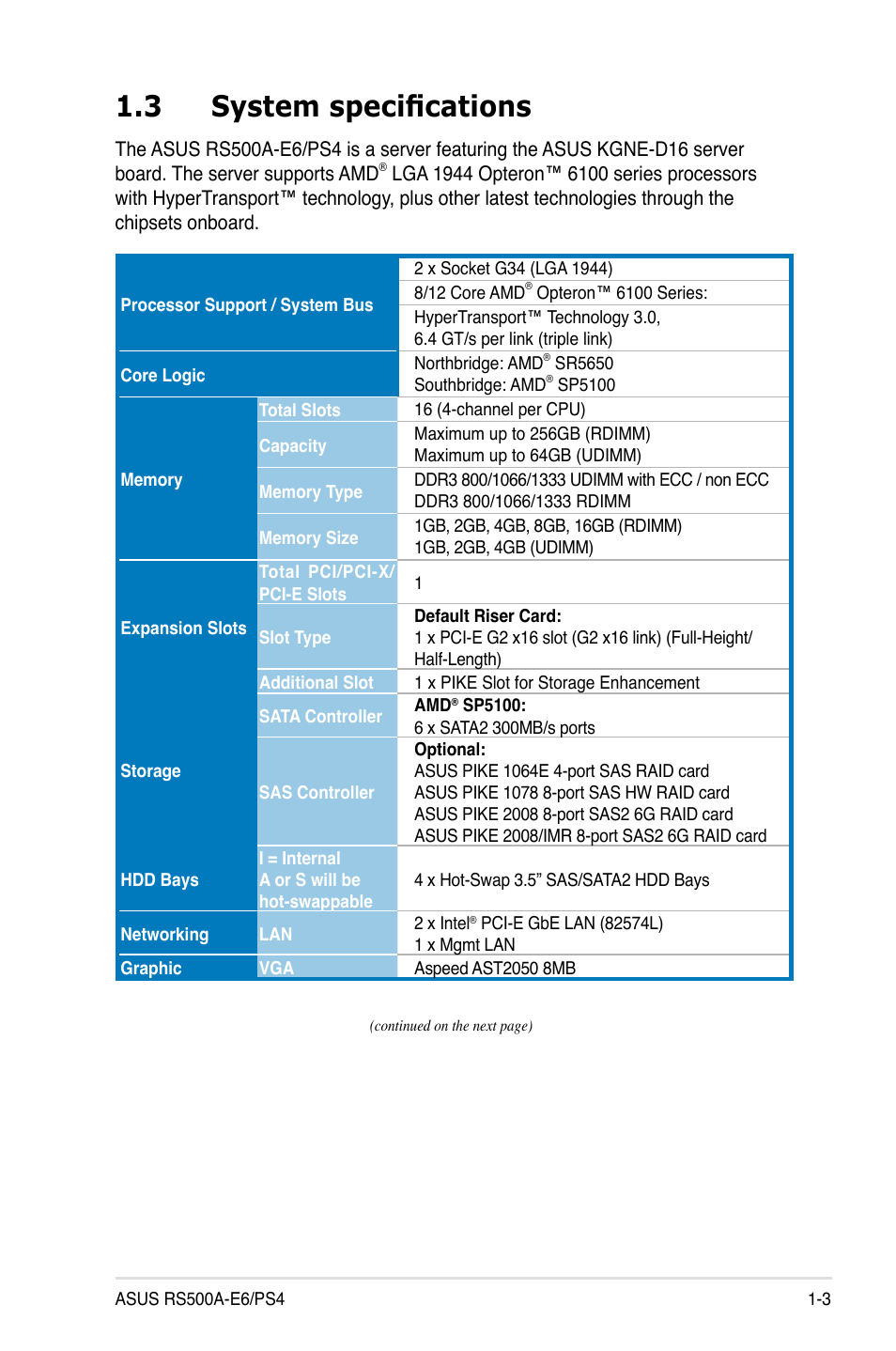 3 system specifications, System specifications -3 | Asus RS500A-E6/PS4 User Manual | Page 13 / 116