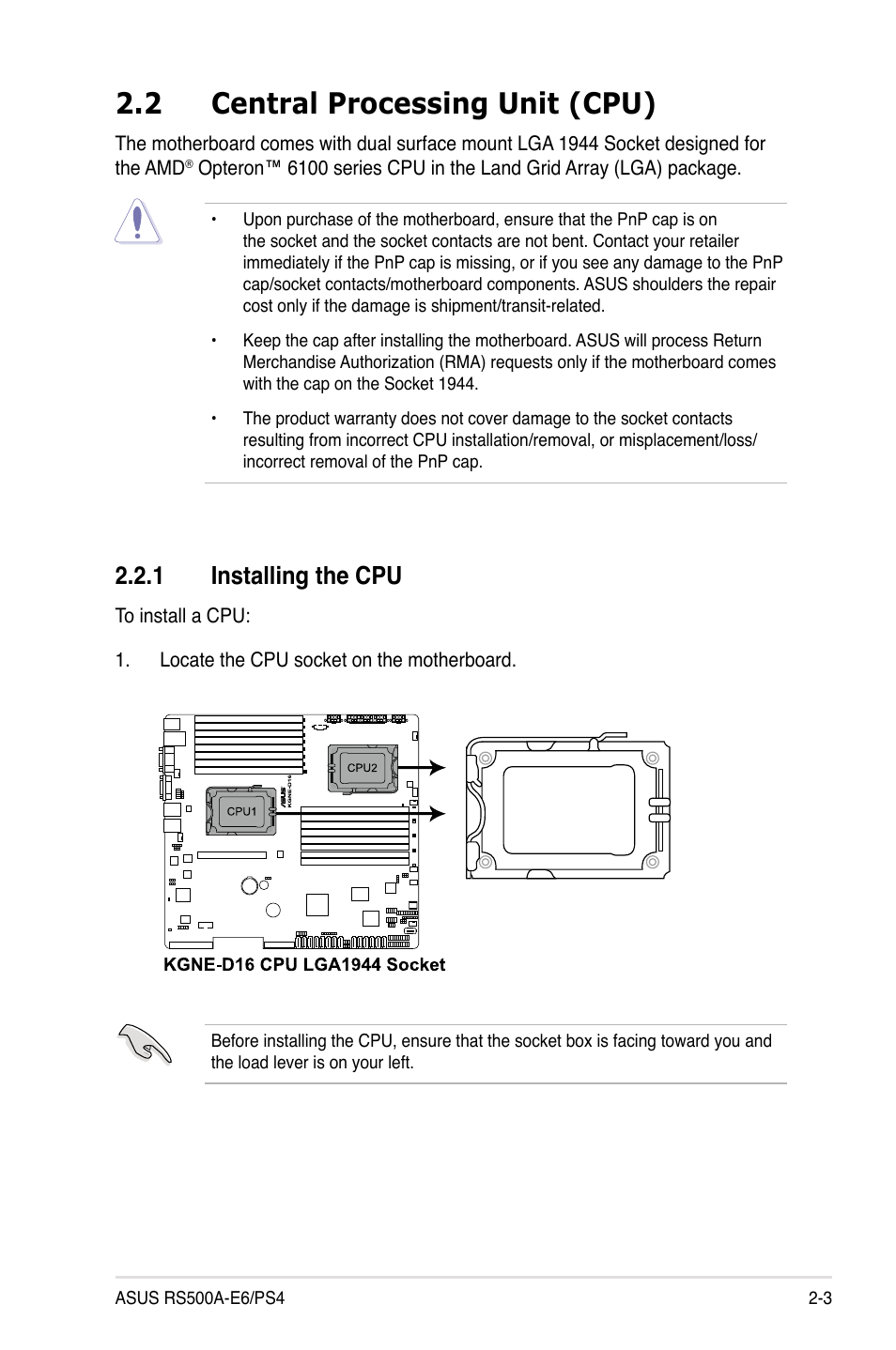 2 central processing unit (cpu), 1 installing the cpu, Central processing unit (cpu) -3 2.2.1 | Installing the cpu -3 | Asus RS500A-E6/PS4 User Manual | Page 21 / 116