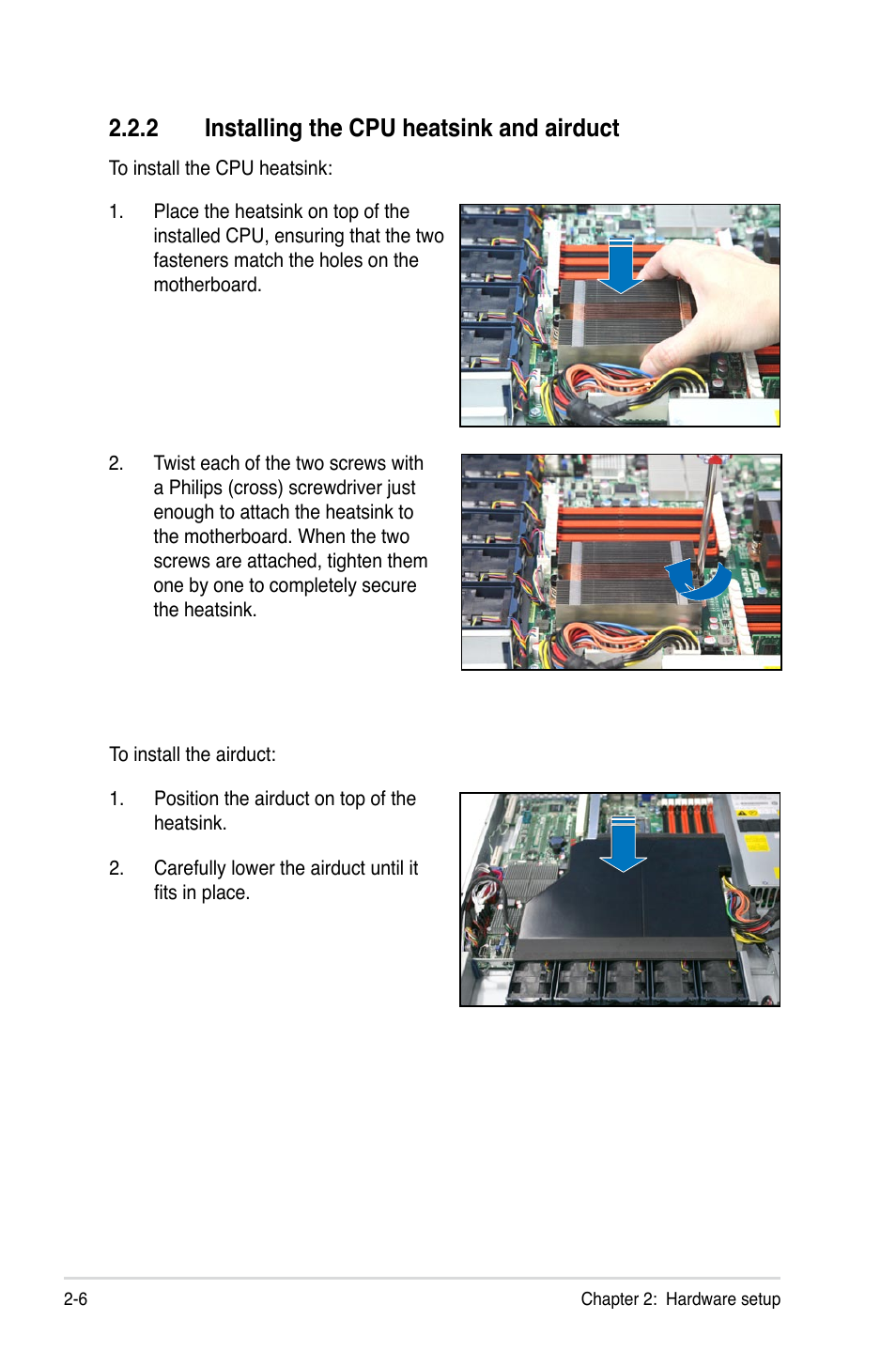 2 installing the cpu heatsink and airduct, Installing the cpu heatsink and airduct -6 | Asus RS500A-E6/PS4 User Manual | Page 24 / 116