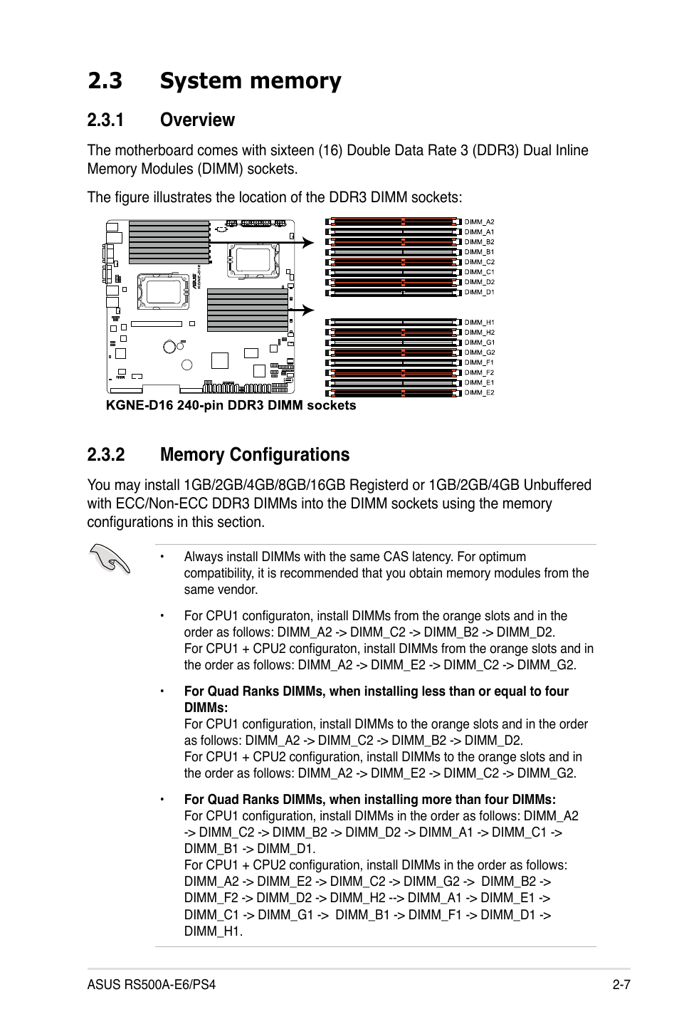 3 system memory, 1 overview, 2 memory configurations | System memory -7 2.3.1, Overview -7, Memory configurations -7 | Asus RS500A-E6/PS4 User Manual | Page 25 / 116