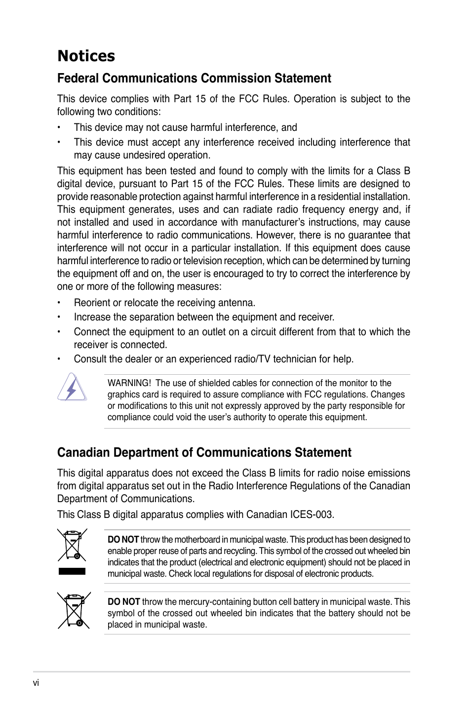 Notices, Federal communications commission statement, Canadian department of communications statement | Asus RS500A-E6/PS4 User Manual | Page 6 / 116