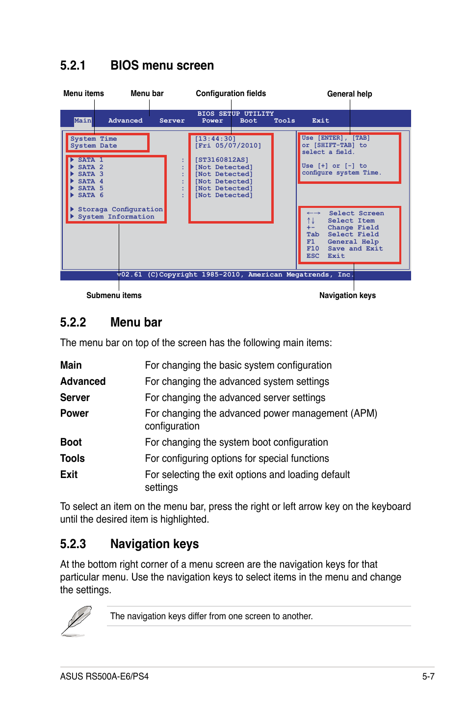 1 bios menu screen, 2 menu bar, 3 navigation keys | Bios menu screen -7, Menu bar -7, Navigation keys -7 | Asus RS500A-E6/PS4 User Manual | Page 71 / 116