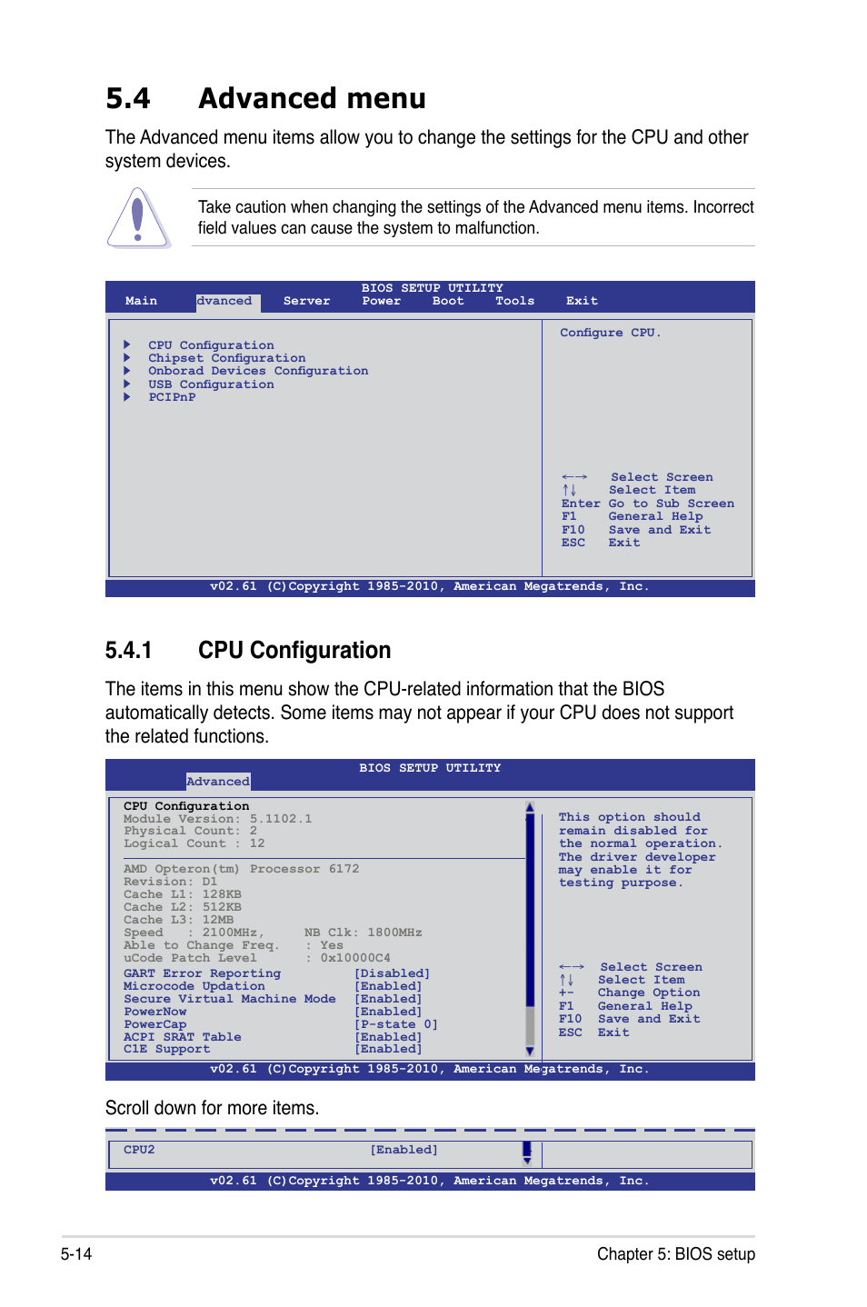 4 advanced menu, 1 cpu configuration, Advanced menu -14 5.4.1 | Cpu configuration -14, Scroll down for more items, 14 chapter 5: bios setup | Asus RS500A-E6/PS4 User Manual | Page 78 / 116