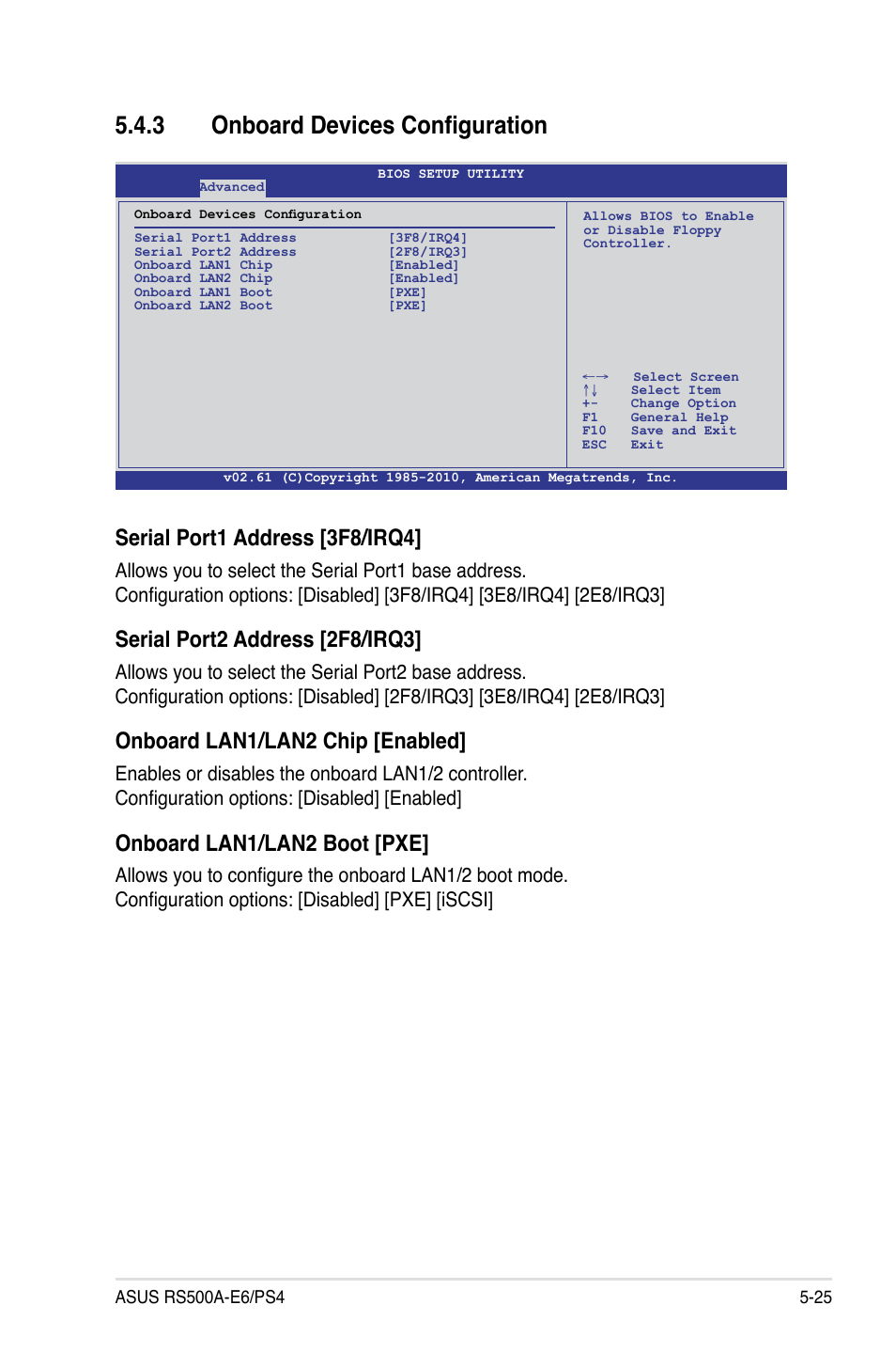 3 onboard devices configuration, Onboard devices configuration -25, Serial port1 address [3f8/irq4 | Serial port2 address [2f8/irq3, Onboard lan1/lan2 chip [enabled, Onboard lan1/lan2 boot [pxe | Asus RS500A-E6/PS4 User Manual | Page 89 / 116