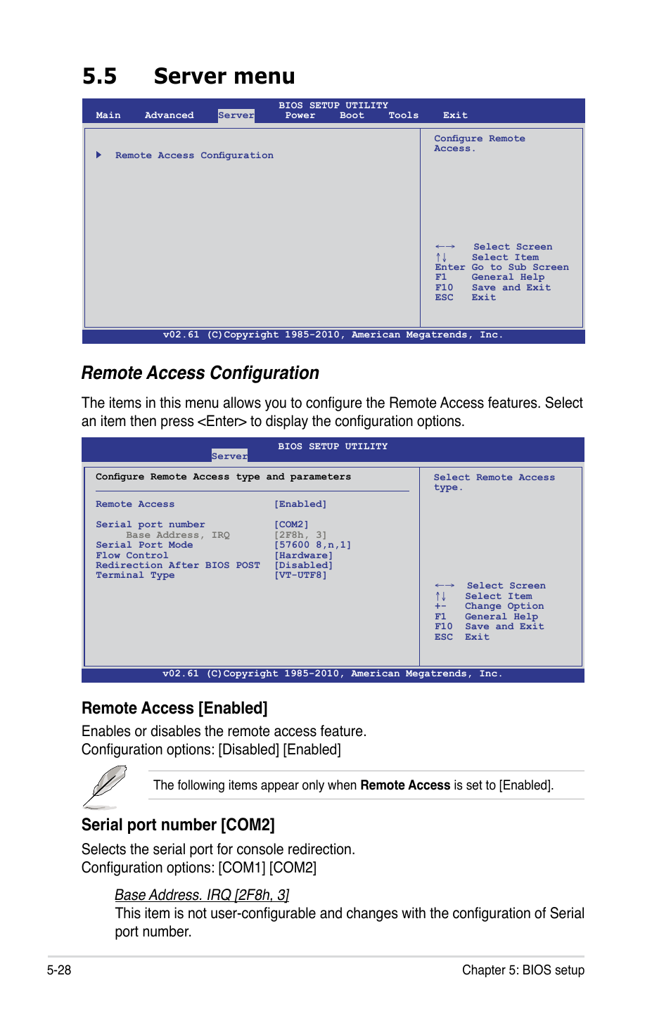 5 server menu, Server menu -28, Remote access configuration | Remote access [enabled, Serial port number [com2 | Asus RS500A-E6/PS4 User Manual | Page 92 / 116