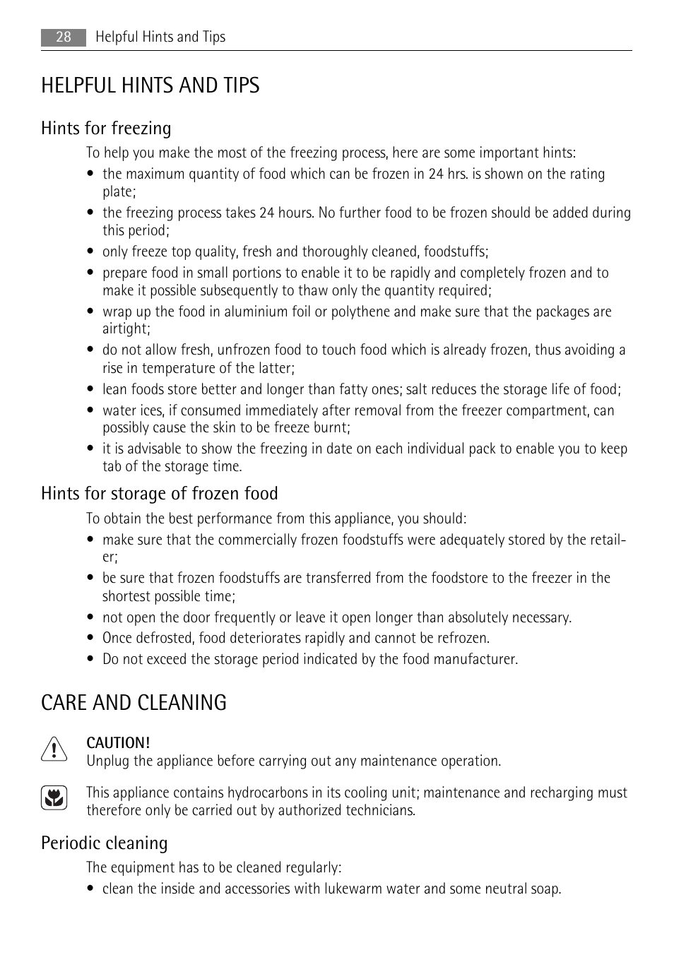 Helpful hints and tips, Care and cleaning, Hints for freezing | Hints for storage of frozen food, Periodic cleaning | AEG AGN71200F0 User Manual | Page 28 / 88