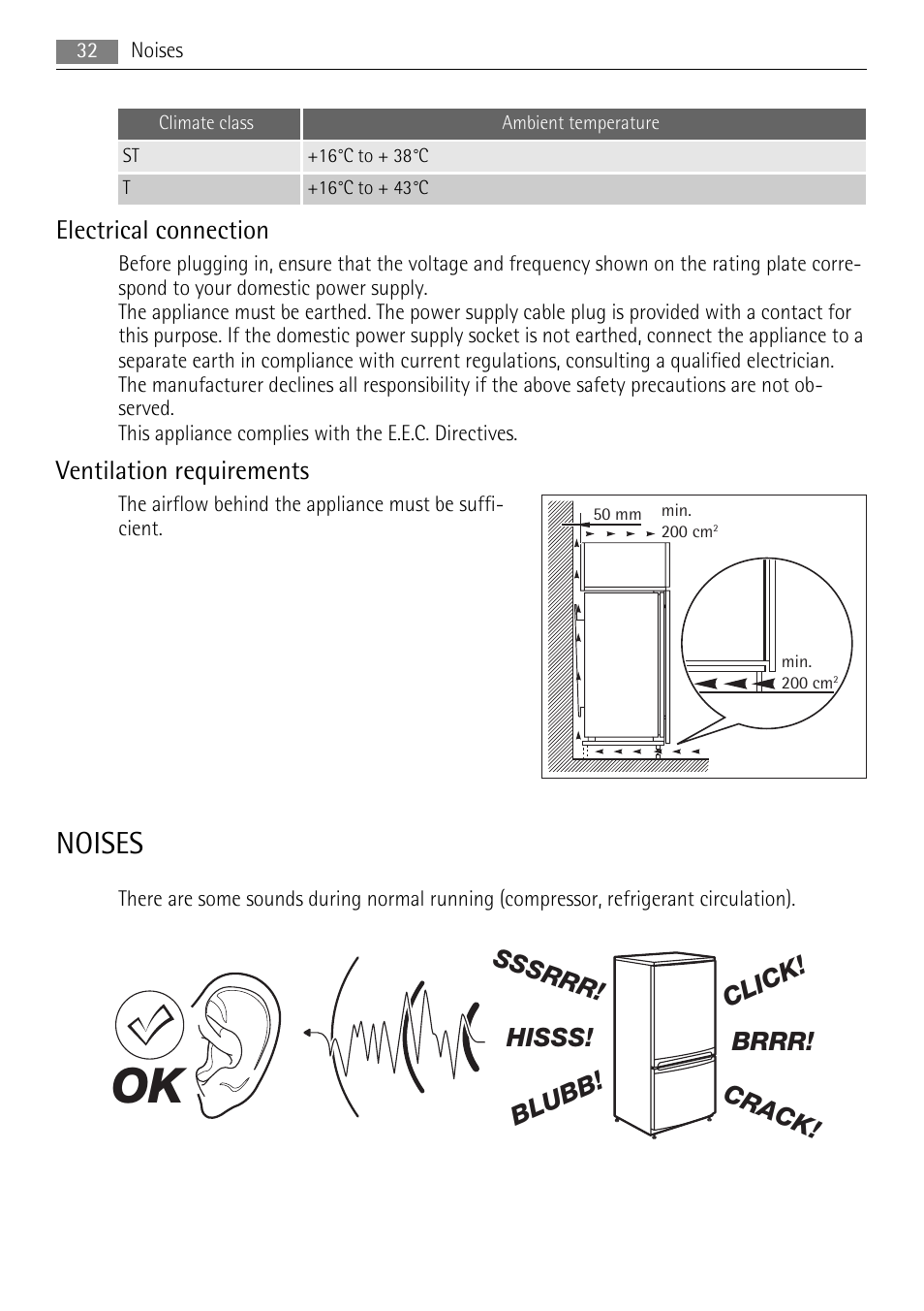 Noises, Electrical connection, Ventilation requirements | Brrr! hisss! click! blubb! crack! sssrrr | AEG AGN71200F0 User Manual | Page 32 / 88