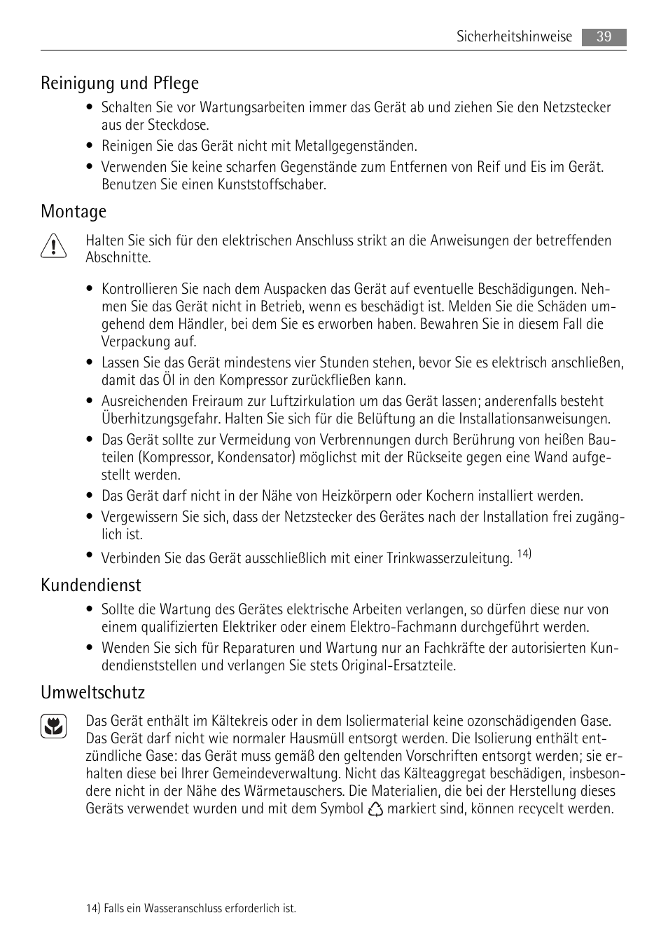 Reinigung und pflege, Montage, Kundendienst | Umweltschutz | AEG AGN71200F0 User Manual | Page 39 / 88