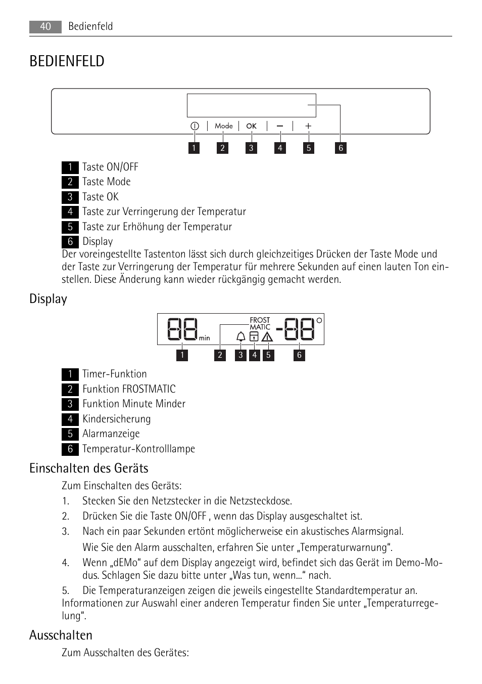 Bedienfeld, Display, Einschalten des geräts | Ausschalten | AEG AGN71200F0 User Manual | Page 40 / 88