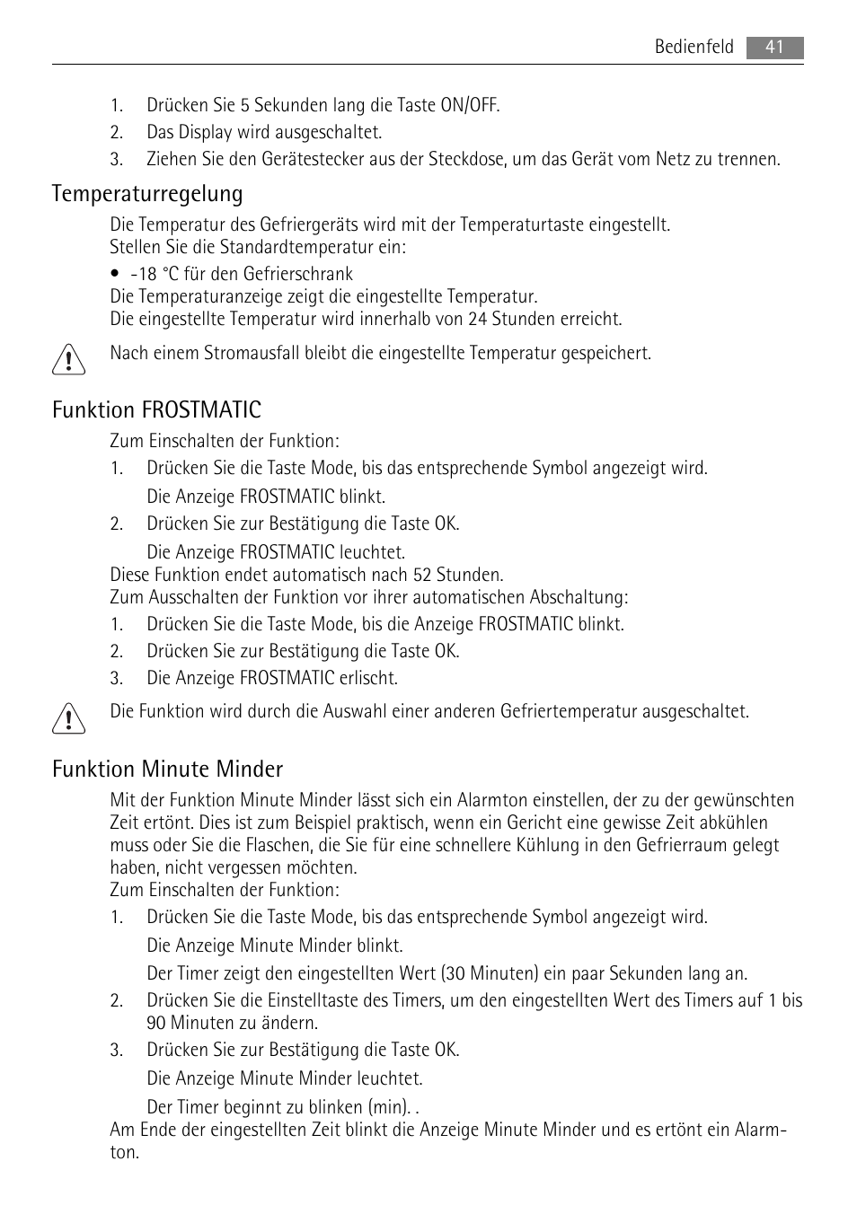 Temperaturregelung, Funktion frostmatic, Funktion minute minder | AEG AGN71200F0 User Manual | Page 41 / 88