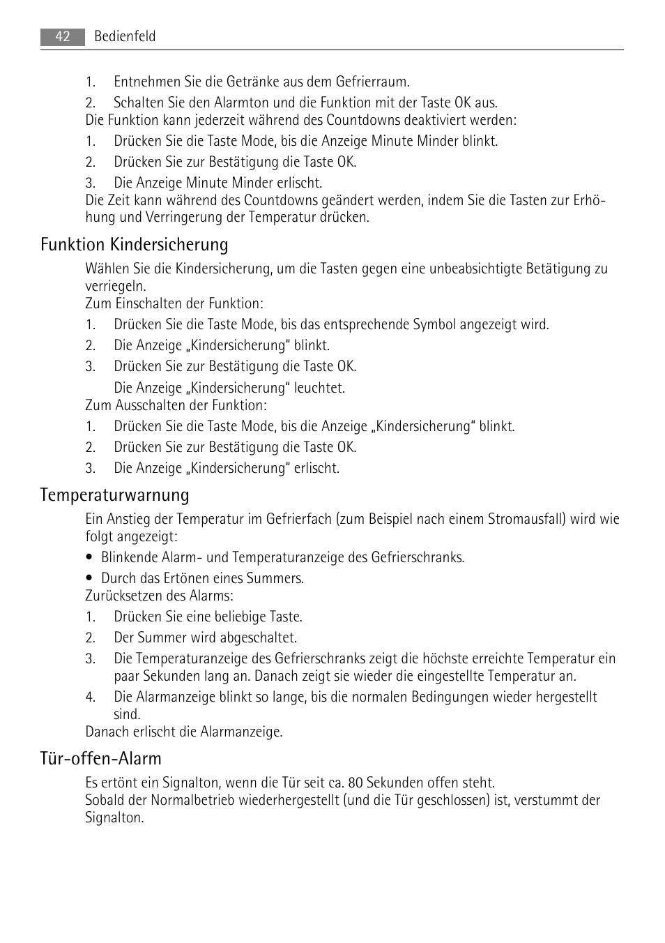 Funktion kindersicherung, Temperaturwarnung, Tür-offen-alarm | AEG AGN71200F0 User Manual | Page 42 / 88
