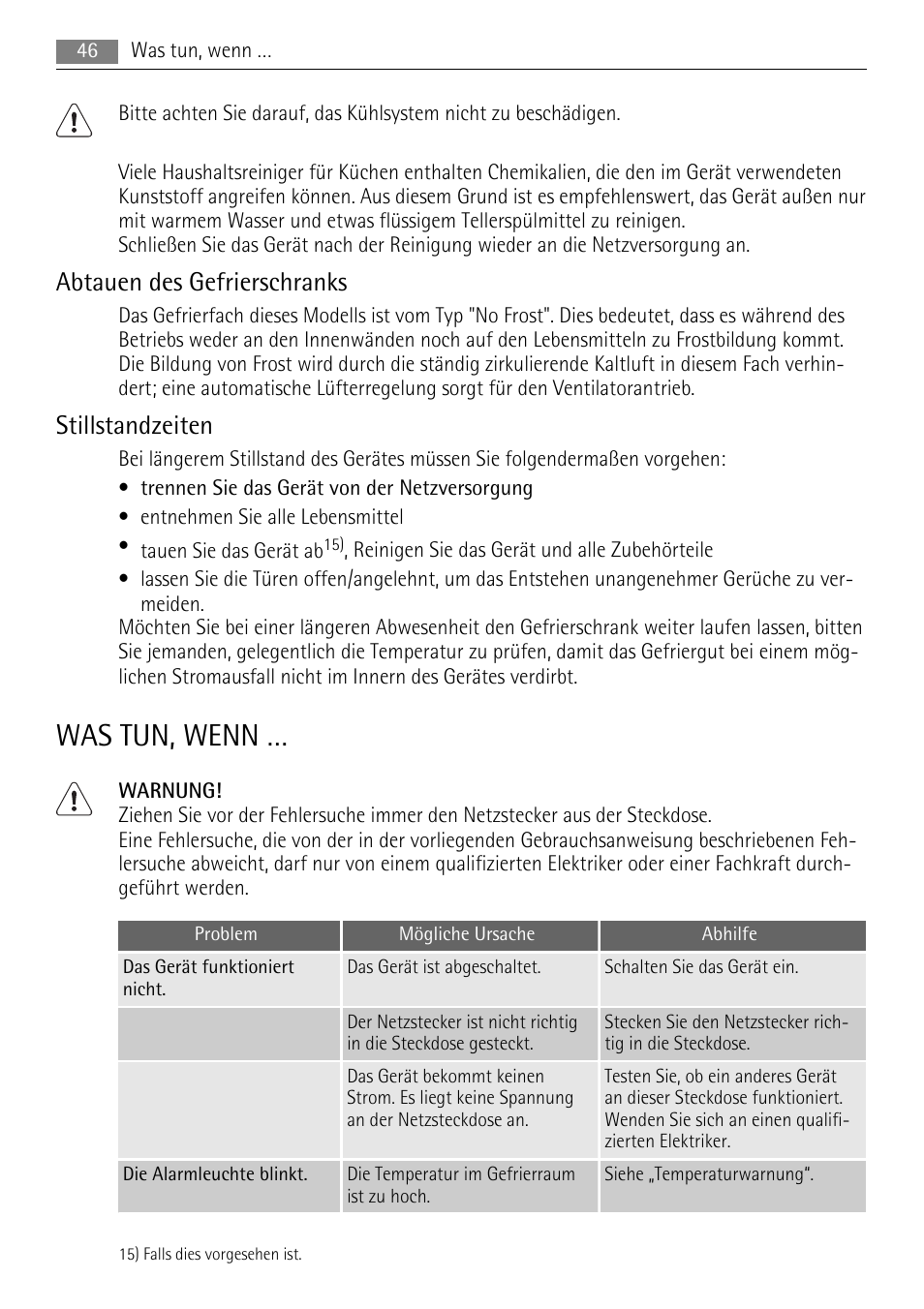 Was tun, wenn, Abtauen des gefrierschranks, Stillstandzeiten | AEG AGN71200F0 User Manual | Page 46 / 88