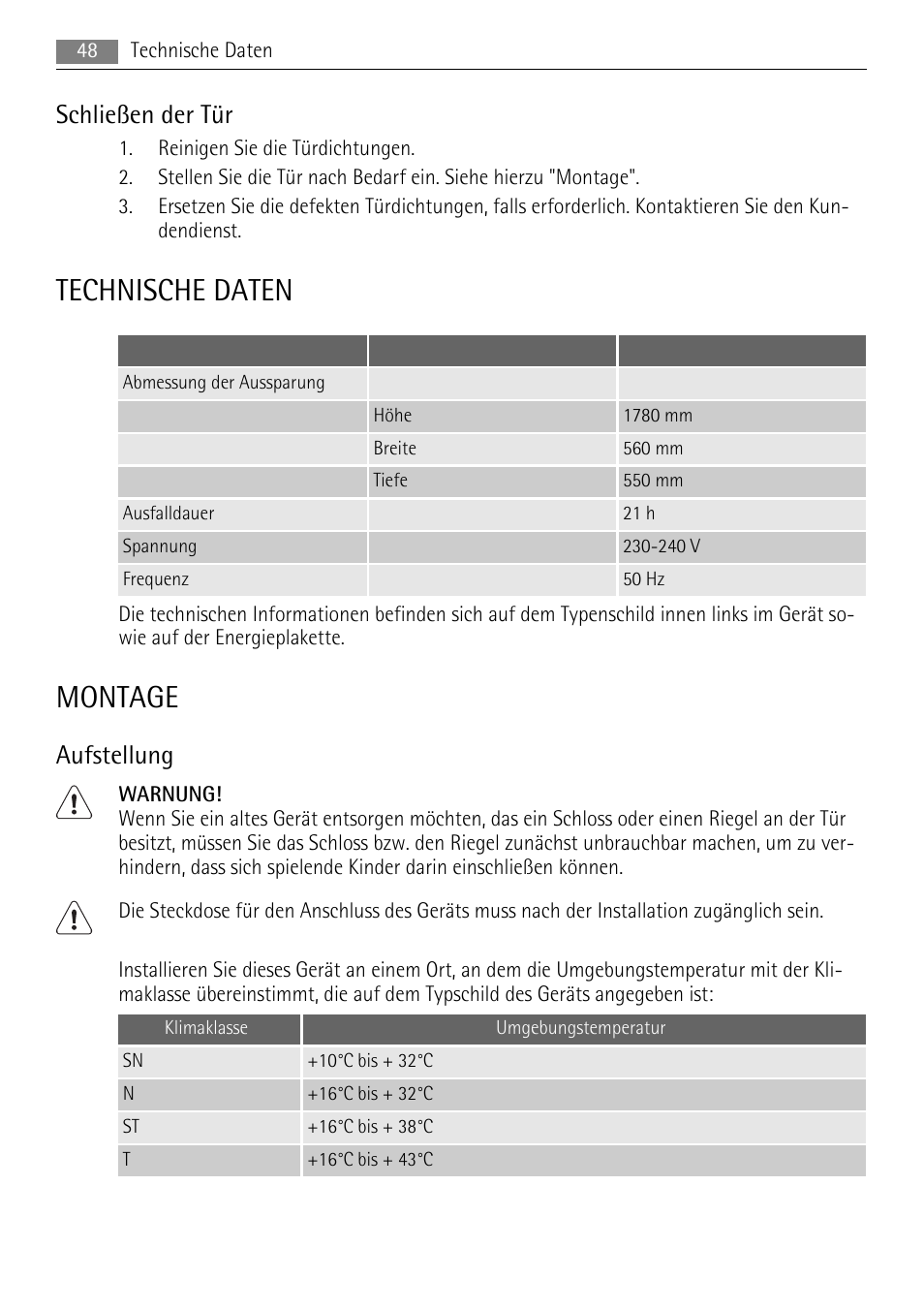 Technische daten, Montage, Schließen der tür | Aufstellung | AEG AGN71200F0 User Manual | Page 48 / 88