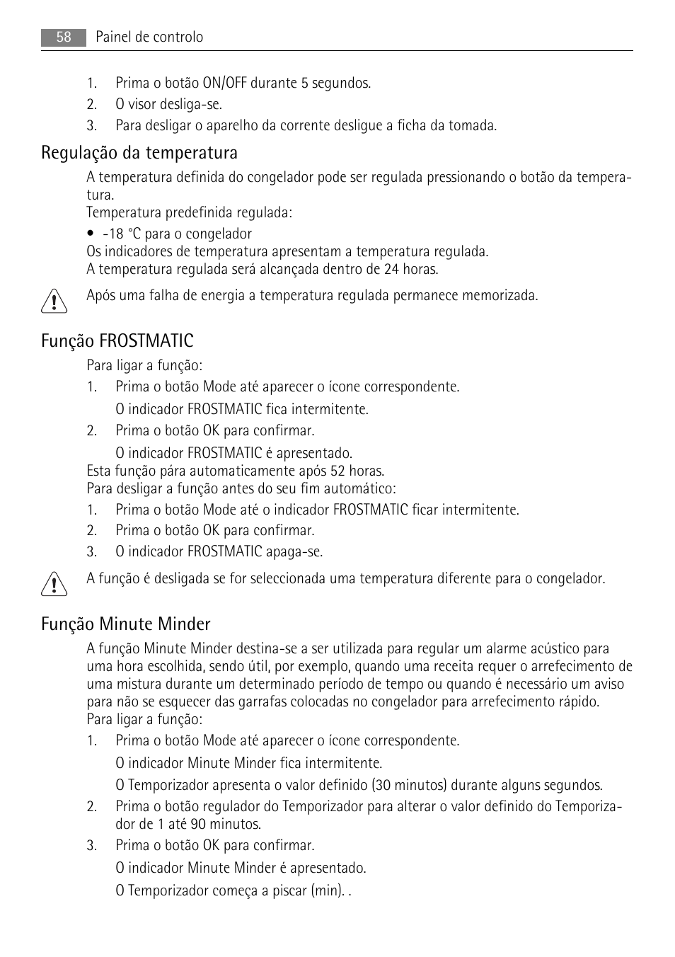 Regulação da temperatura, Função frostmatic, Função minute minder | AEG AGN71200F0 User Manual | Page 58 / 88