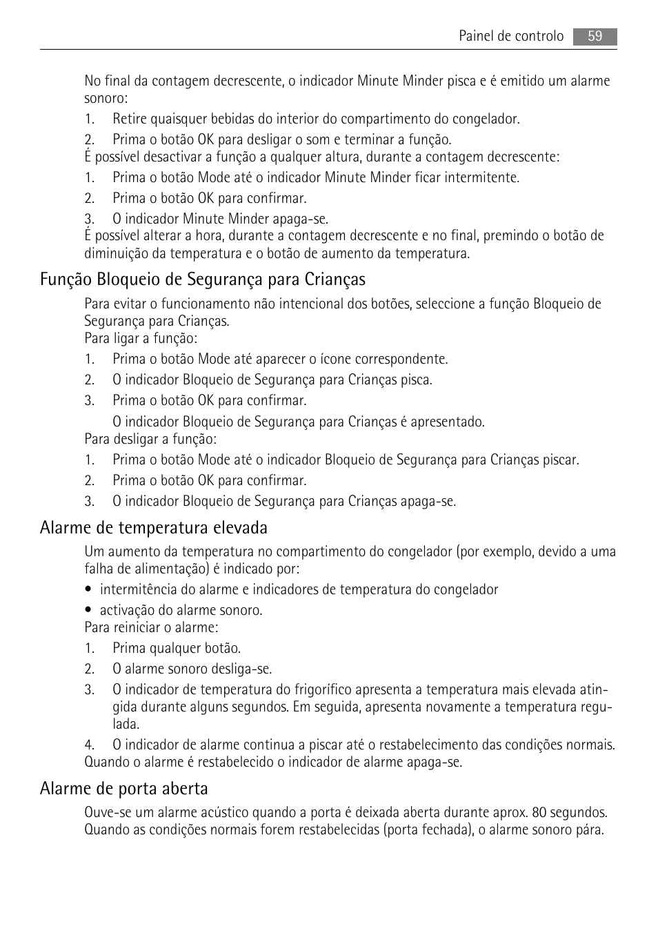 Função bloqueio de segurança para crianças, Alarme de temperatura elevada, Alarme de porta aberta | AEG AGN71200F0 User Manual | Page 59 / 88