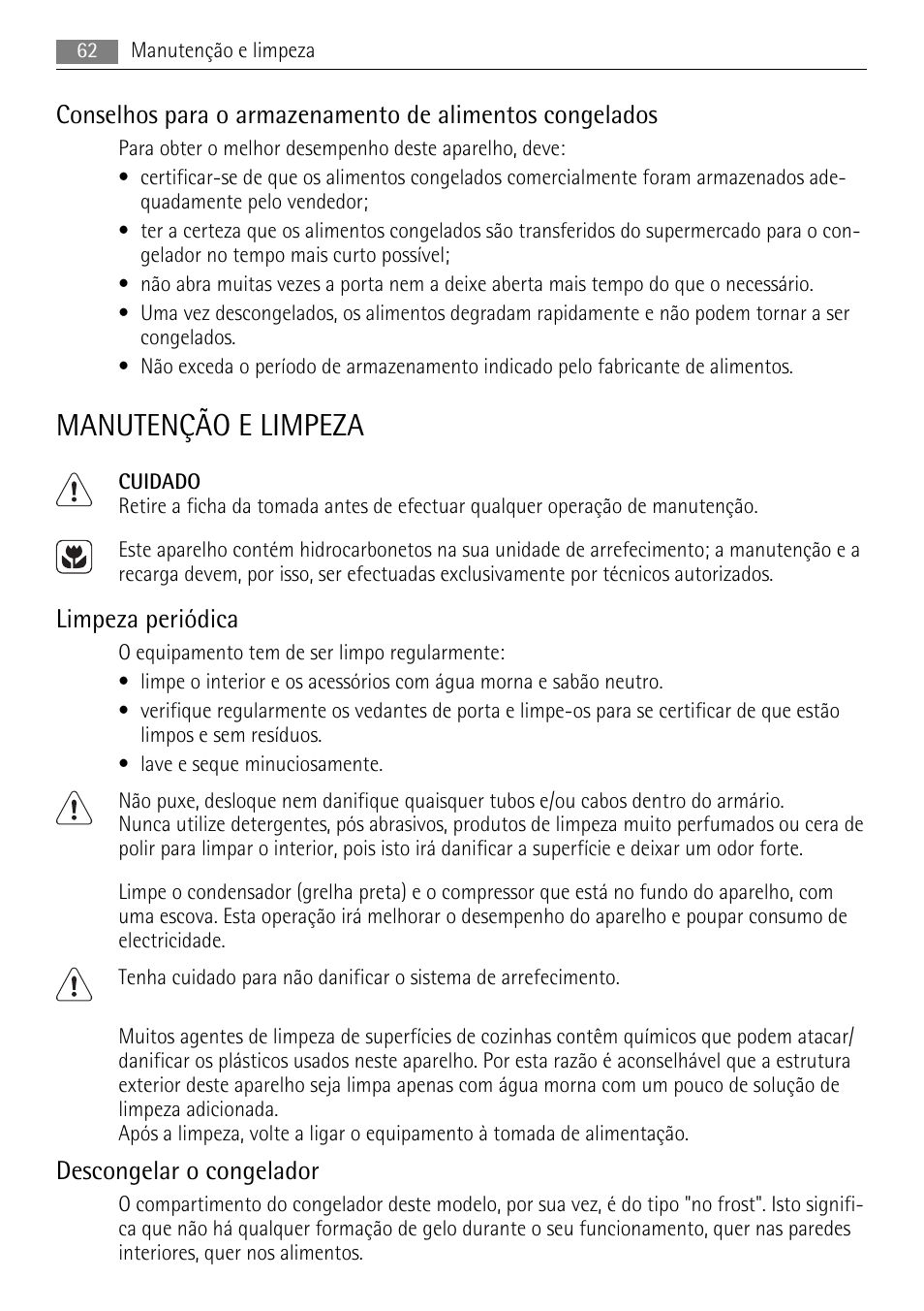Manutenção e limpeza, Limpeza periódica, Descongelar o congelador | AEG AGN71200F0 User Manual | Page 62 / 88