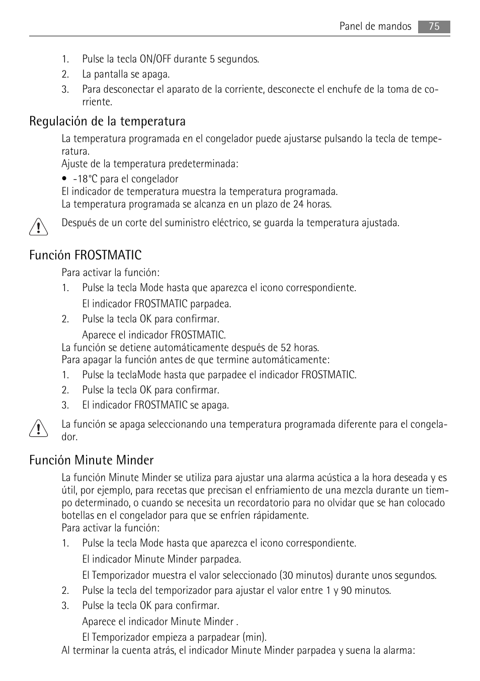 Regulación de la temperatura, Función frostmatic, Función minute minder | AEG AGN71200F0 User Manual | Page 75 / 88