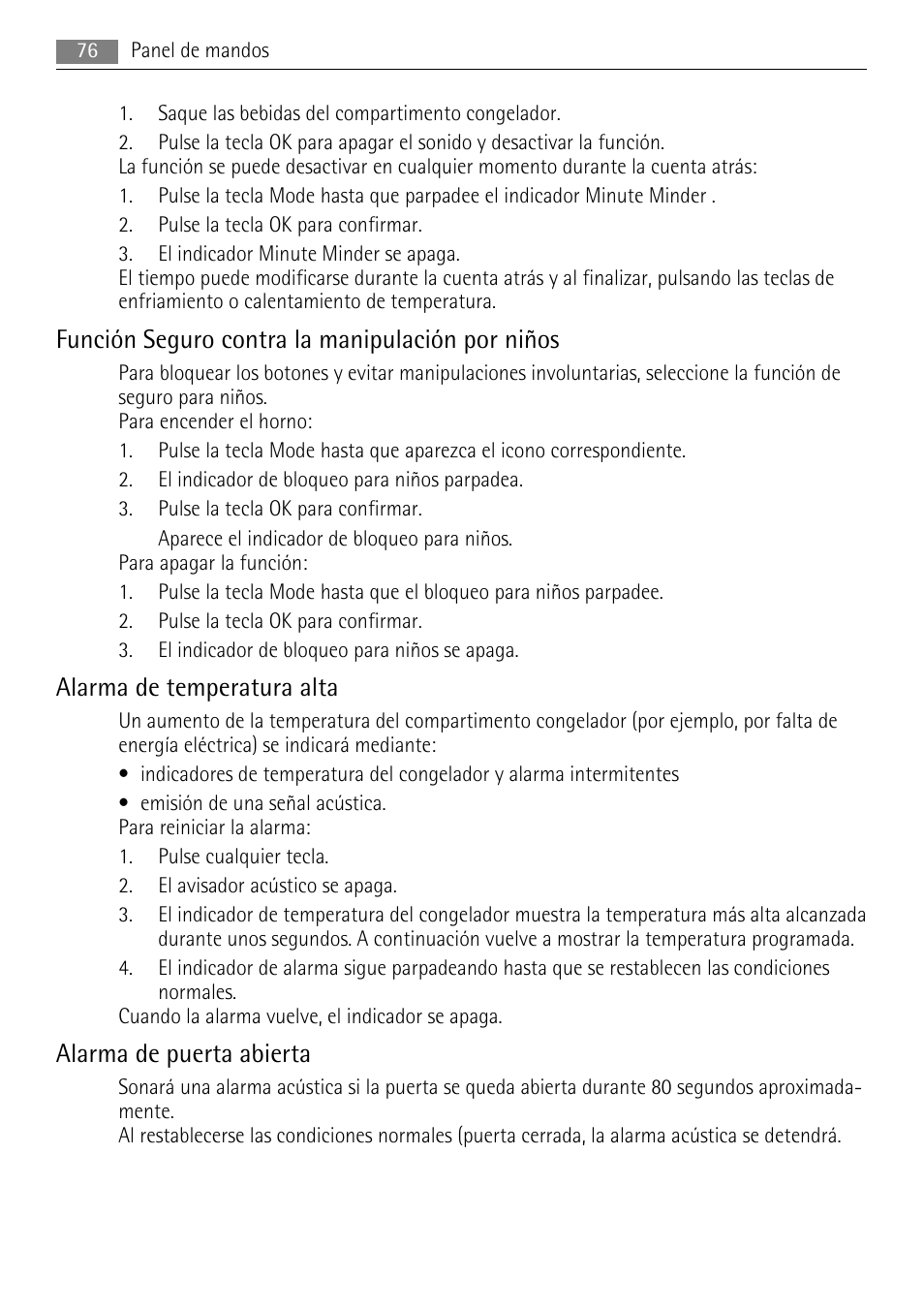 Función seguro contra la manipulación por niños, Alarma de temperatura alta, Alarma de puerta abierta | AEG AGN71200F0 User Manual | Page 76 / 88