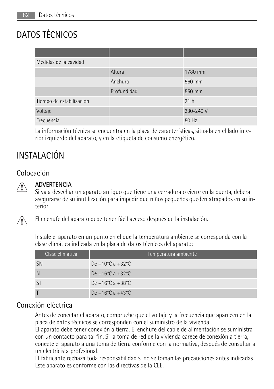 Datos técnicos, Instalación, Colocación | Conexión eléctrica | AEG AGN71200F0 User Manual | Page 82 / 88
