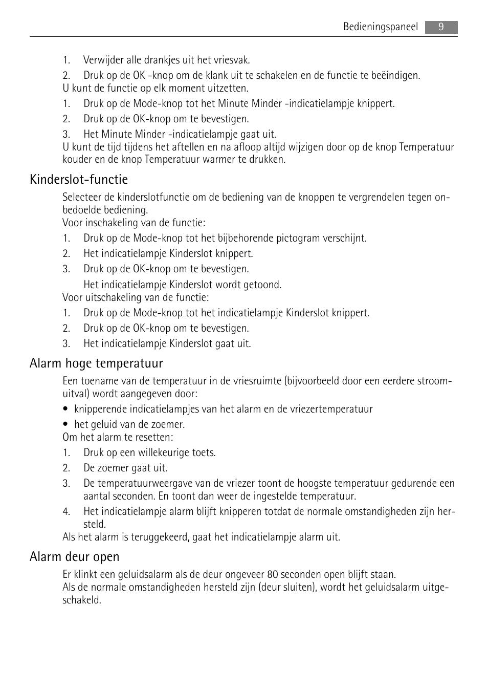 Kinderslot-functie, Alarm hoge temperatuur, Alarm deur open | AEG AGN71200F0 User Manual | Page 9 / 88
