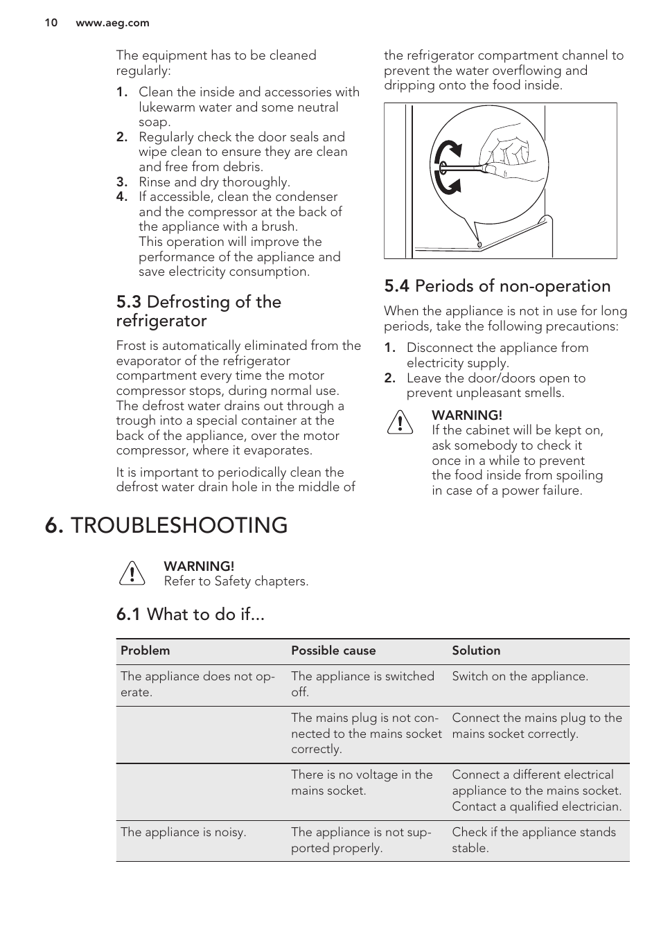 3 defrosting of the refrigerator, 4 periods of non-operation, Troubleshooting | 1 what to do if | AEG SWD81800G1 User Manual | Page 10 / 52