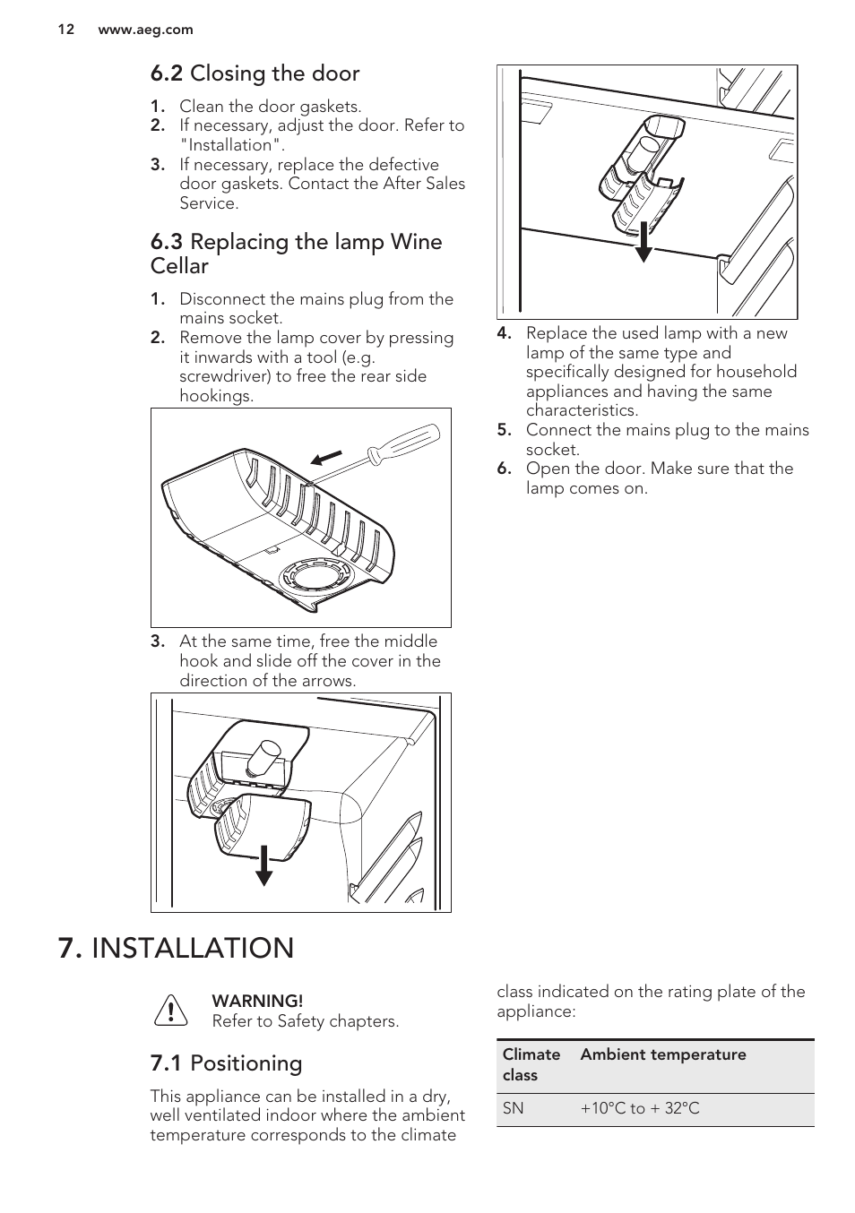 2 closing the door, 3 replacing the lamp wine cellar, Installation | 1 positioning | AEG SWD81800G1 User Manual | Page 12 / 52