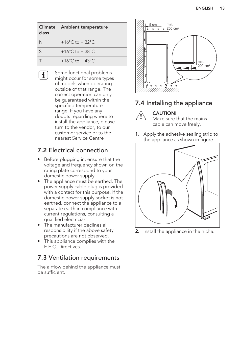 2 electrical connection, 3 ventilation requirements, 4 installing the appliance | AEG SWD81800G1 User Manual | Page 13 / 52