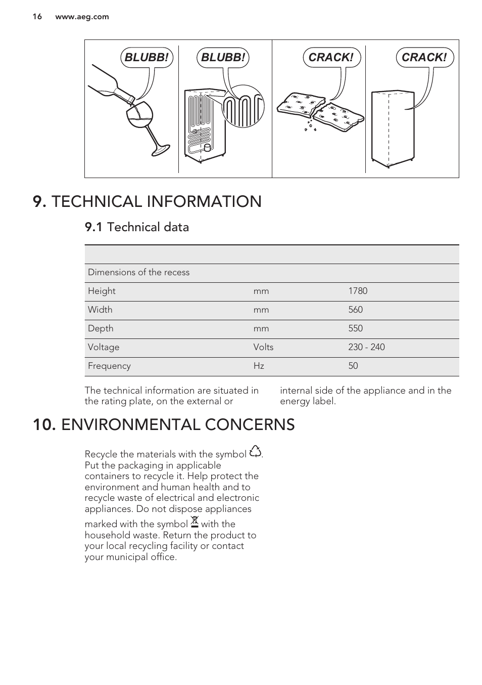 Technical information, 1 technical data, Environmental concerns | AEG SWD81800G1 User Manual | Page 16 / 52