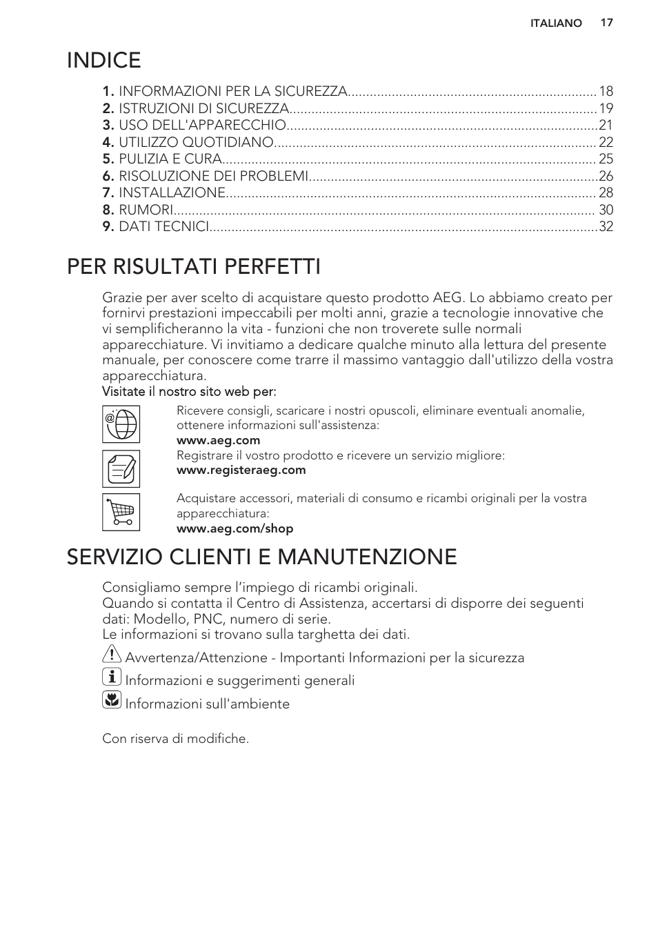 Indice, Istruzioni per l’uso, Per risultati perfetti | Servizio clienti e manutenzione | AEG SWD81800G1 User Manual | Page 17 / 52