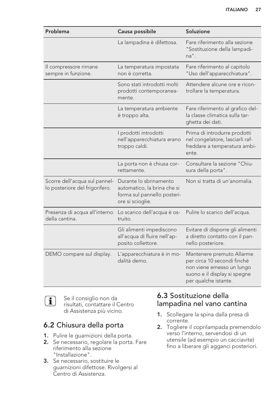 2 chiusura della porta, 3 sostituzione della lampadina nel vano cantina | AEG SWD81800G1 User Manual | Page 27 / 52