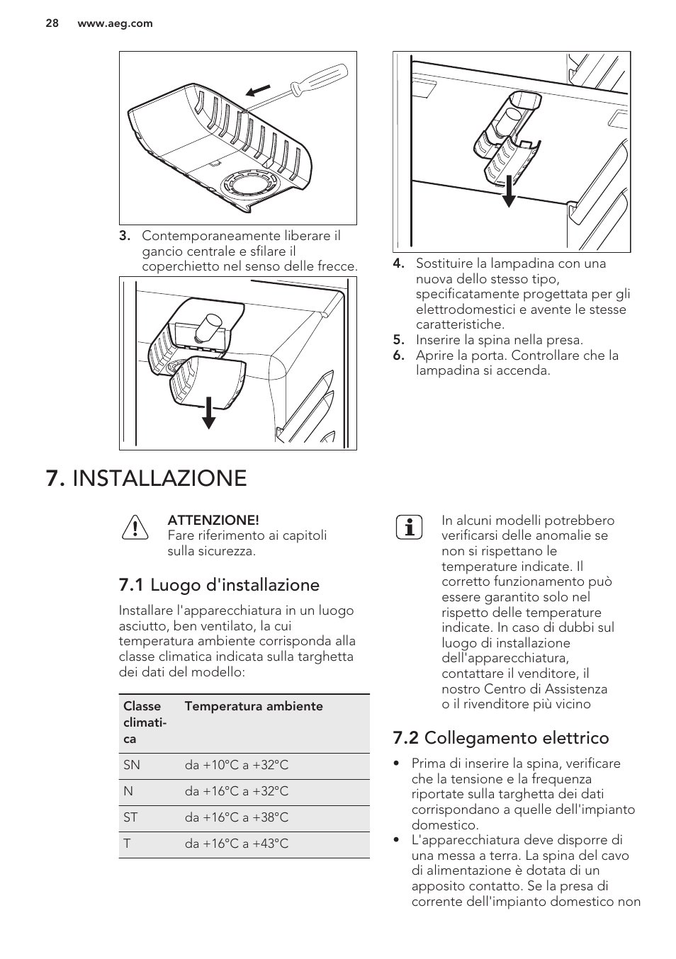 Installazione, 1 luogo d'installazione, 2 collegamento elettrico | AEG SWD81800G1 User Manual | Page 28 / 52