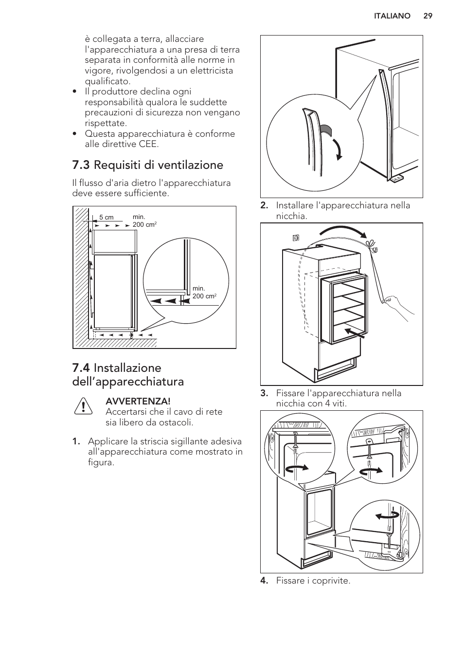 3 requisiti di ventilazione, 4 installazione dell’apparecchiatura | AEG SWD81800G1 User Manual | Page 29 / 52