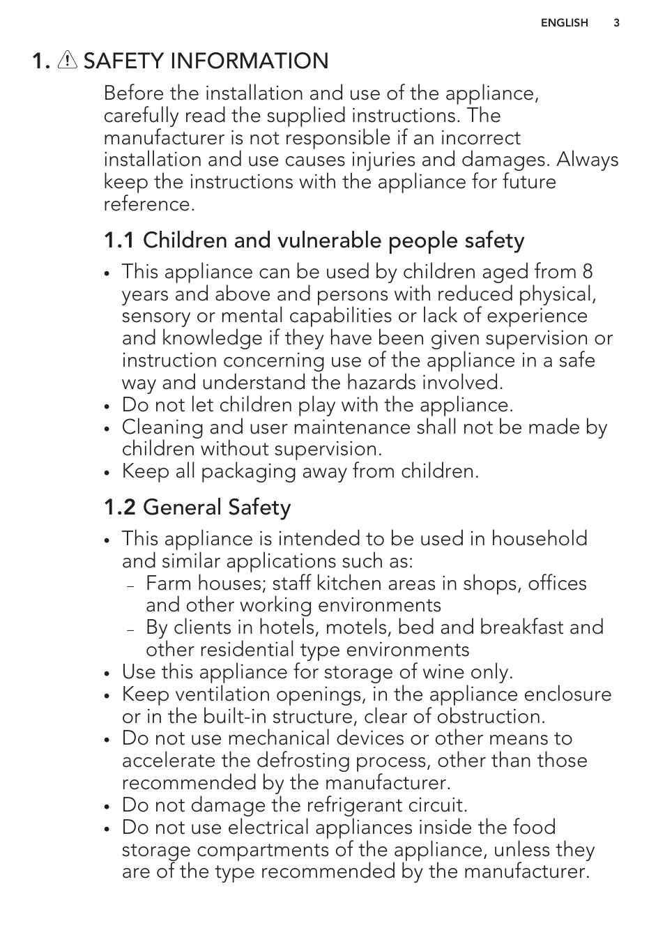 Safety information, 1 children and vulnerable people safety, 2 general safety | AEG SWD81800G1 User Manual | Page 3 / 52