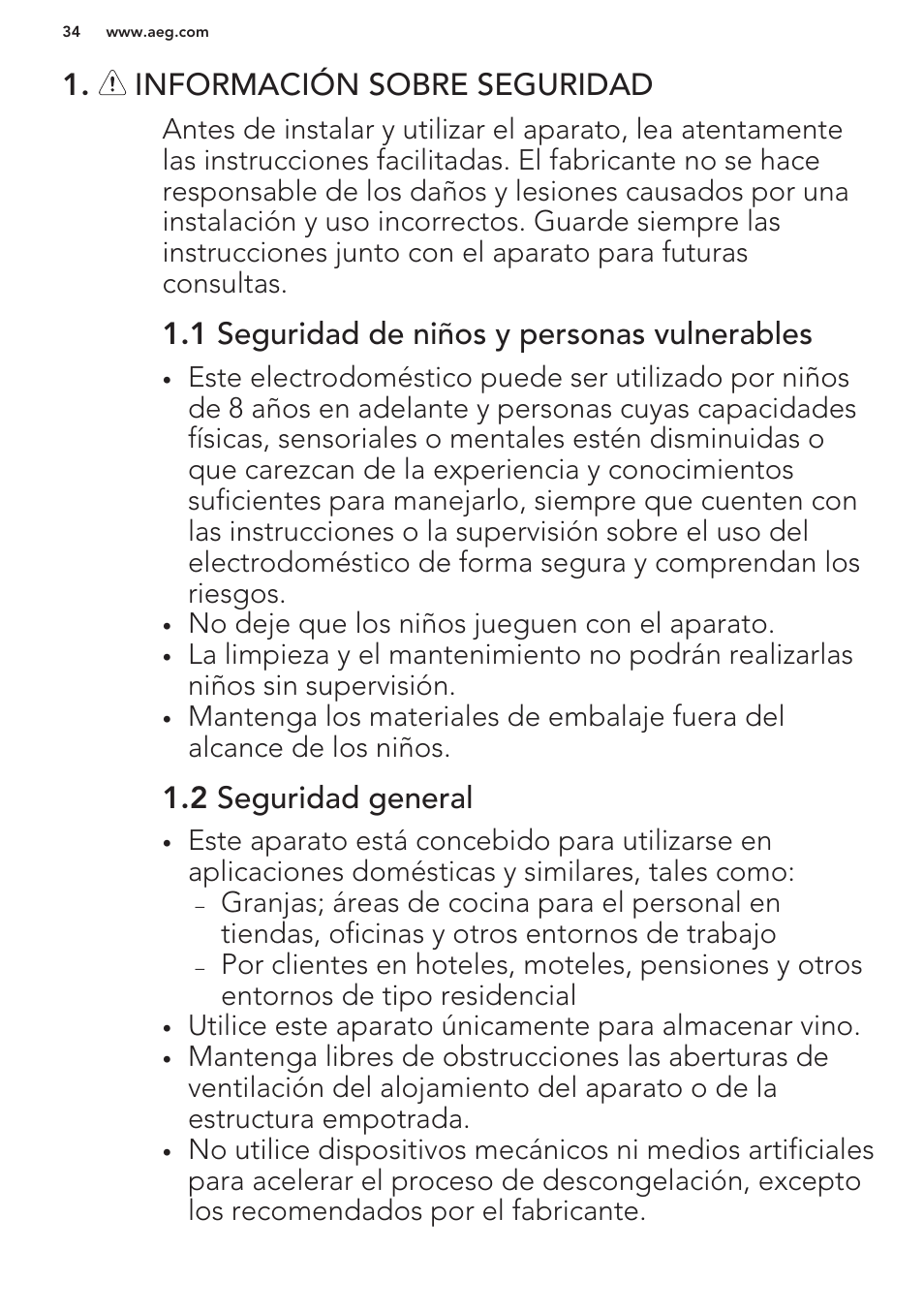 Información sobre seguridad, 1 seguridad de niños y personas vulnerables, 2 seguridad general | AEG SWD81800G1 User Manual | Page 34 / 52