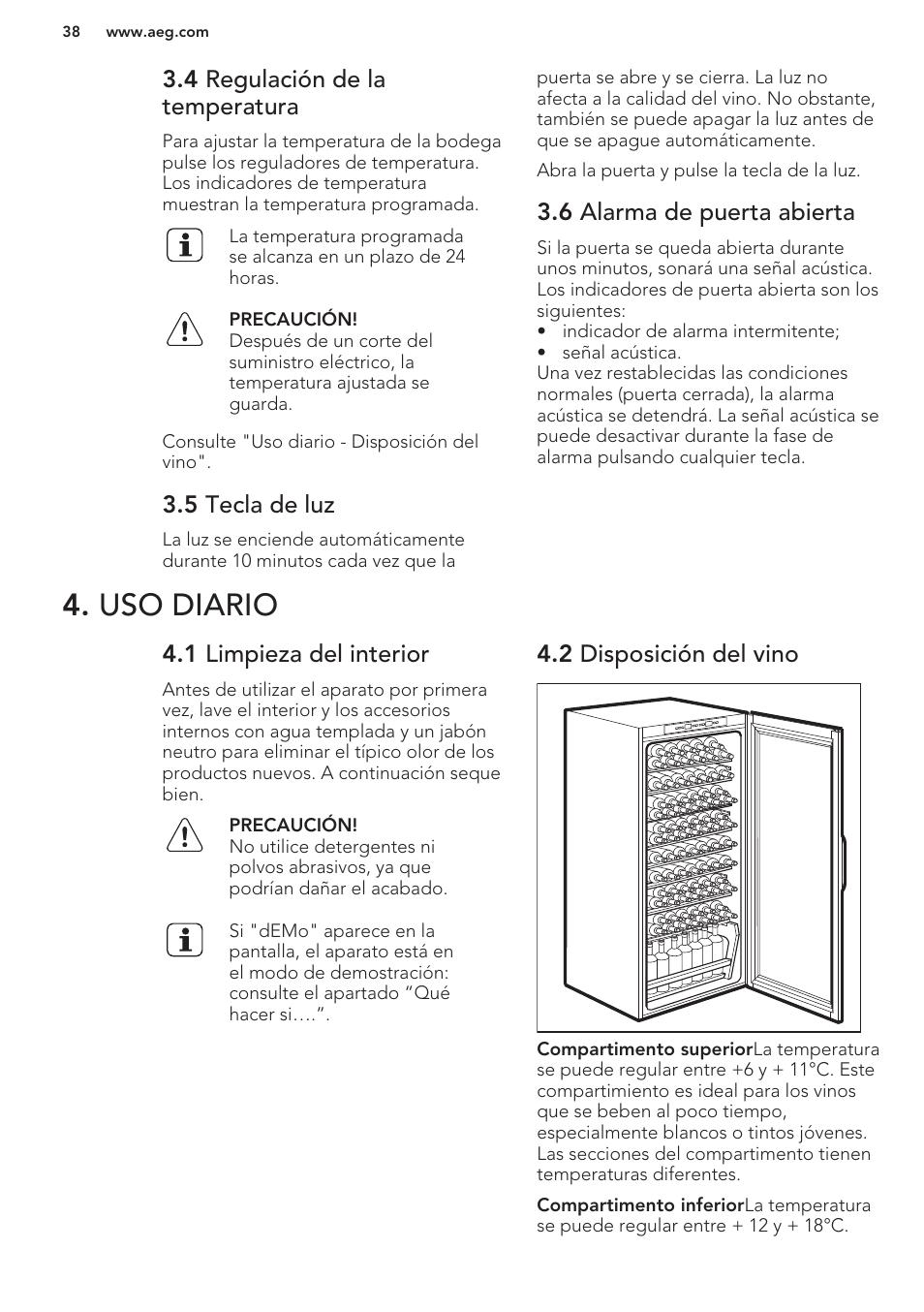 4 regulación de la temperatura, 5 tecla de luz, 6 alarma de puerta abierta | Uso diario, 1 limpieza del interior, 2 disposición del vino | AEG SWD81800G1 User Manual | Page 38 / 52