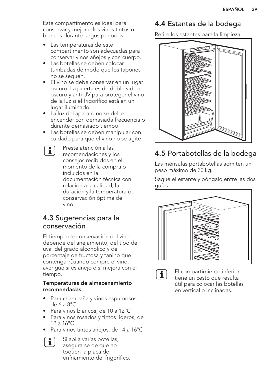 3 sugerencias para la conservación, 4 estantes de la bodega, 5 portabotellas de la bodega | AEG SWD81800G1 User Manual | Page 39 / 52